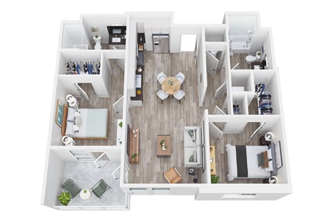 a stylized floor plan with a bedroom and living room